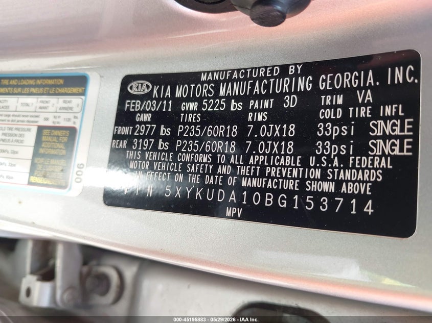 2011 Kia Sorento VIN 5XYKUDA10BG153714 IAAI salvage auction — REAR END, Salvage (Texas), sold $1,450 on 2026-07-09 (photo 9)