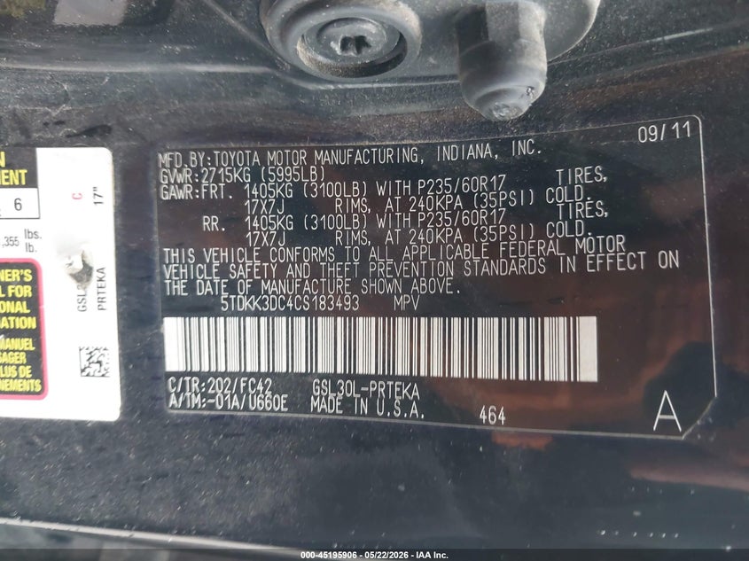 2012 Toyota Sienna VIN 5TDKK3DC4CS183493 IAAI salvage auction — HAIL, Salvage (Kansas), sold $1,050 on 2026-07-15 (photo 9)