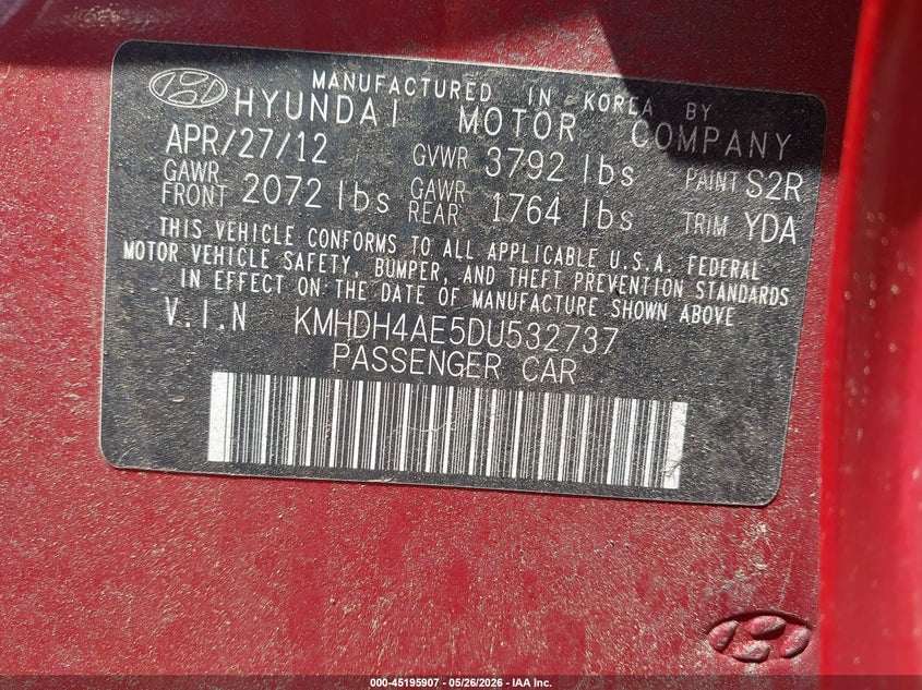 2013 Hyundai Elantra VIN KMHDH4AE5DU532737 IAAI salvage auction — FRONT END, Salvage Title, sold $475 on 2026-07-15 (photo 9)