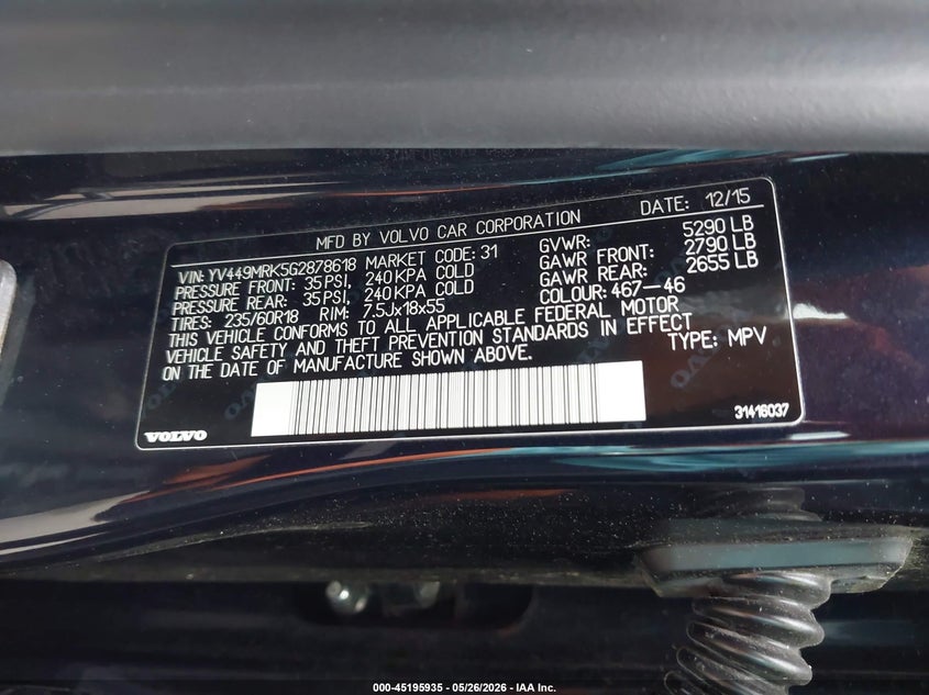2016 Volvo Xc60 VIN YV449MRK5G2878618 IAAI salvage auction — REAR END, Salvage (Minnesota), sold $4,950 on 2026-07-27 (photo 9)