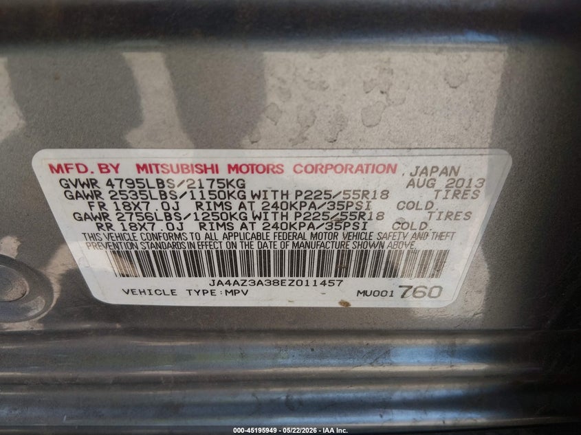 2014 Mitsubishi Outlander VIN JA4AZ3A38EZ011457 IAAI salvage auction — FRONT END, Salvage (Colorado), sold $675 on 2026-07-07 (photo 9)