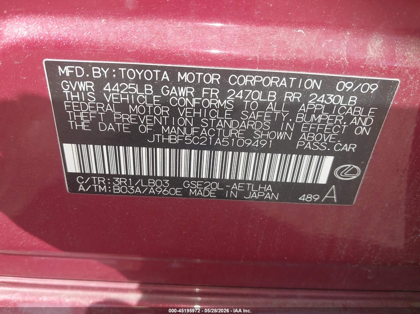 2010 Lexus Is VIN JTHBF5C21A5109491 IAAI salvage auction — FRONT END, Salvage (New Jersey), sold $600 on 2026-07-26 (photo 9)
