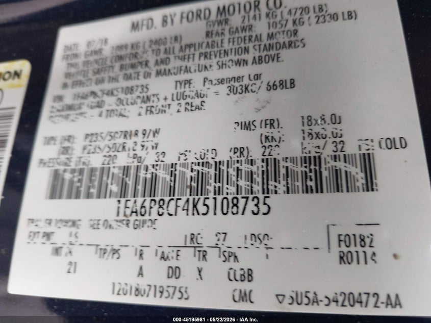 2019 Ford Mustang VIN 1FA6P8CF4K5108735 IAAI salvage auction — FRONT END, Salvage Title, sold $8,500 on 2026-08-21 (photo 9)