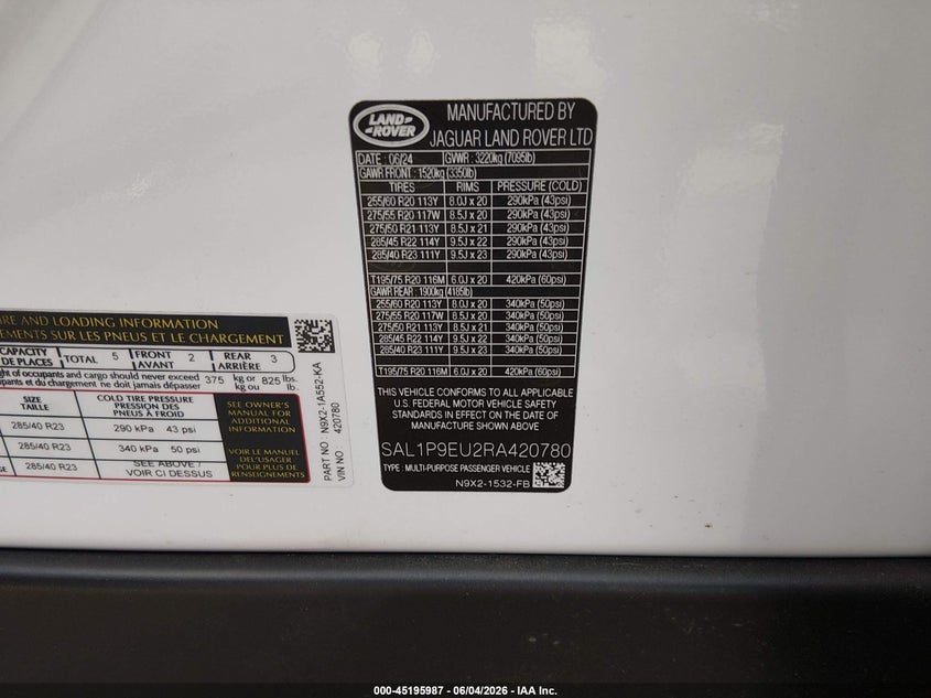 2024 Land rover Range rover sport VIN SAL1P9EU2RA420780 IAAI salvage auction — REAR END, Salvage Title, sold $30,250 on 2026-07-30 (photo 9)
