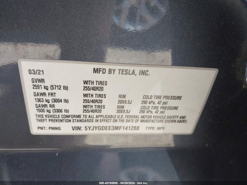 2021 Tesla Model y VIN 5YJYGDEE3MF141288 IAAI salvage auction — FRONT END, Salvage Title, sold $9,975 on 2026-07-06 (photo 9)