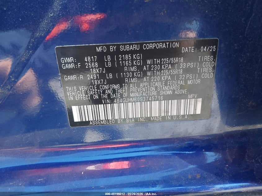 2025 Subaru Xv VIN 4S4GUHM60S3745716 IAAI salvage auction — LEFT FRONT, Salvage Title, sold $7,000 on 2026-07-24 (photo 9)