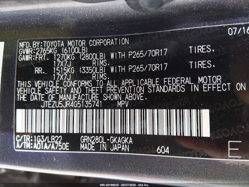 2016 Toyota 4runner VIN JTEZU5JR4G5135741 IAAI salvage auction — RIGHT SIDE, Salvage Title, sold $13,950 on 2026-07-10 (photo 9)