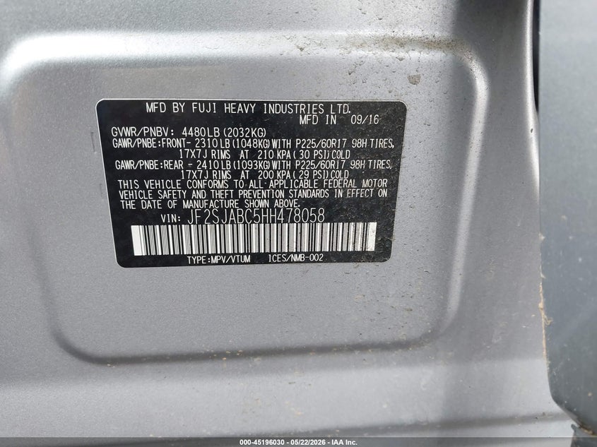 2017 Subaru Forester VIN JF2SJABC5HH478058 IAAI salvage auction — FRONT END, Salvage (Pennsylvania), sold $450 on 2026-07-13 (photo 9)