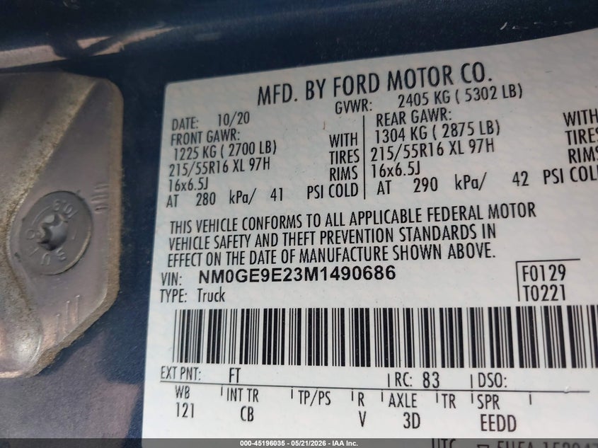 2021 Ford Transit connect VIN NM0GE9E23M1490686 IAAI salvage auction — NORMAL WEAR, Sf97 (Indiana), sold $13,350 on 2026-07-20 (photo 9)