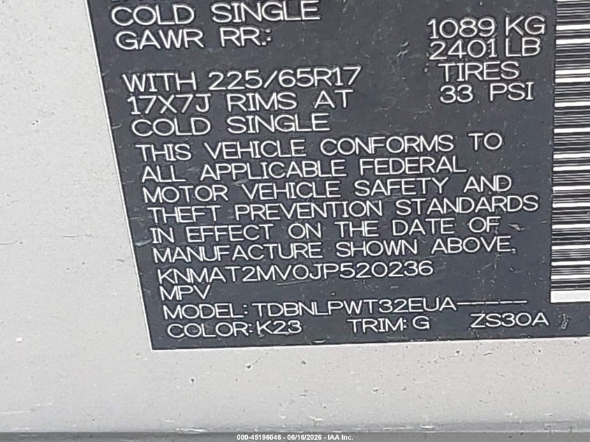 2018 Nissan Rogue VIN KNMAT2MV0JP520236 IAAI salvage auction — UNKNOWN, Salvage (Texas), sold $1,575 on 2026-07-07 (photo 9)