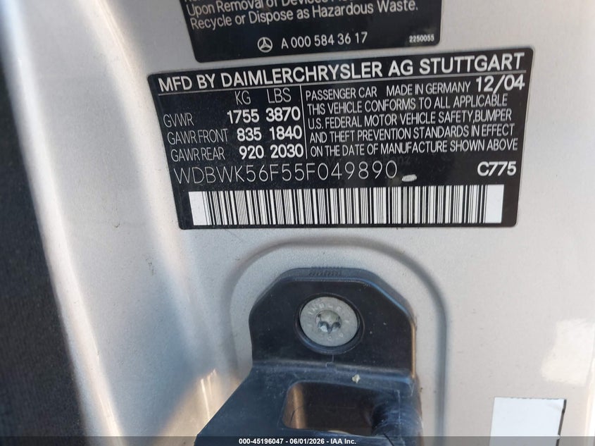 2005 Mercedes-benz Slk-klasse VIN WDBWK56F55F049890 IAAI salvage auction — ELECTRICAL, Clear (Massachusetts), sold $875 on 2026-08-14 (photo 9)