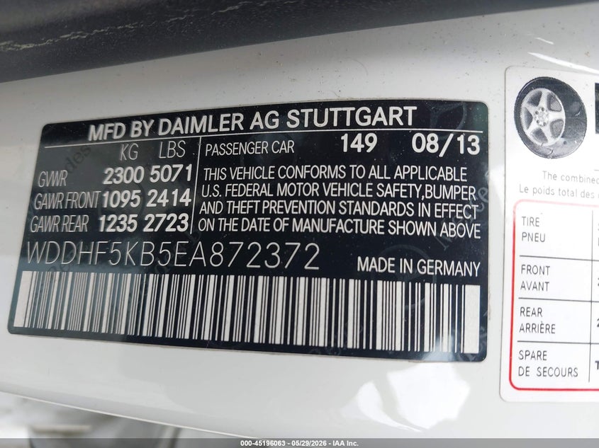 2014 Mercedes-benz E-klasse VIN WDDHF5KB5EA872372 IAAI salvage auction — BIO HAZARD, Salvage Title, sold $1,000 on 2026-07-10 (photo 9)