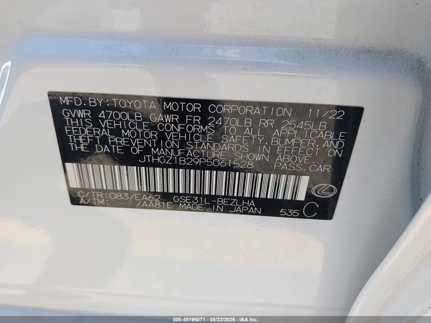 2023 Lexus VIN JTHGZ1B29P5061528 IAAI salvage auction — FRONT END, Salvage (California), sold $17,150 on 2026-07-14 (photo 9)