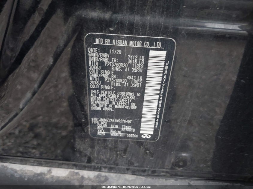 2021 Infiniti Qx80 VIN JN8AZ2AE4M9270497 IAAI salvage auction — HAIL, Clear (Missouri), sold $4,150 on 2026-07-06 (photo 9)
