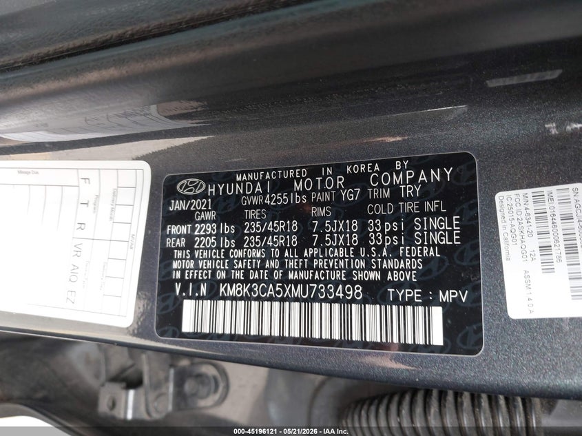 2021 Hyundai Kona VIN KM8K3CA5XMU733498 IAAI salvage auction — FRONT END, Salvage (Georgia), sold $2,200 on 2026-07-20 (photo 9)