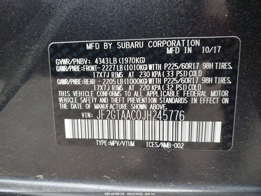 2018 Subaru VIN JF2GTAAC0JH245776 IAAI salvage auction — FRONT END, Salvage (New Jersey), sold $2,650 on 2026-08-02 (photo 9)