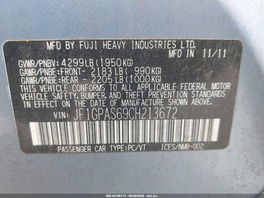 2012 Subaru Impreza VIN JF1GPAS69CH213672 IAAI salvage auction — FRONT END, Salvage Title, sold $850 on 2026-07-14 (photo 9)