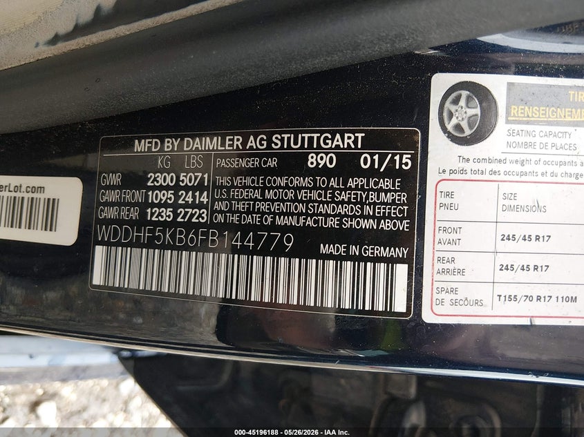 2015 Mercedes-benz E-klasse VIN WDDHF5KB6FB144779 IAAI salvage auction — FRONT END, Salvage (Arkansas), sold $1,400 on 2026-07-16 (photo 9)