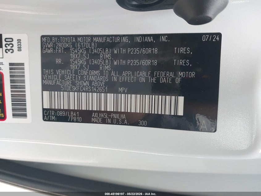 2024 Toyota Sienna VIN 5TDESKFC4RS142651 IAAI salvage auction — REAR END, Salvage (Kansas), sold $27,550 on 2026-07-08 (photo 9)