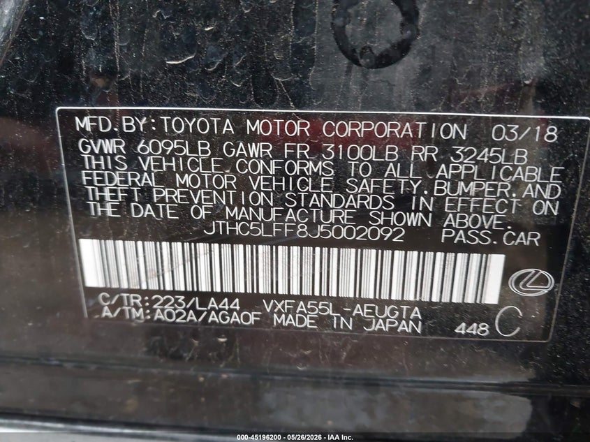 2018 Lexus Ls VIN JTHC5LFF8J5002092 IAAI salvage auction — FRONT END, Salvage Title, sold $14,700 on 2026-07-28 (photo 9)