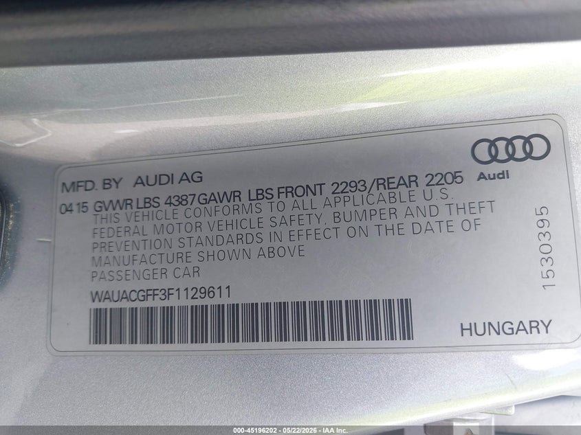 2015 Audi A3 VIN WAUACGFF3F1129611 IAAI salvage auction — FRONT END, Original (Texas), sold $2,600 on 2026-07-09 (photo 9)