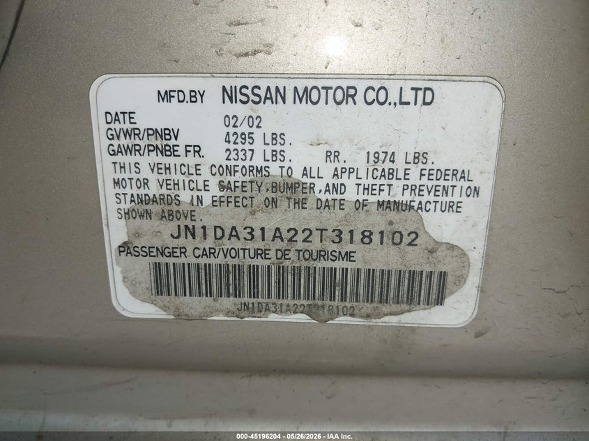 2002 Nissan Maxima VIN JN1DA31A22T318102 IAAI salvage auction — FRONT END, Salvage (New Jersey), sold $25 on 2026-07-29 (photo 9)