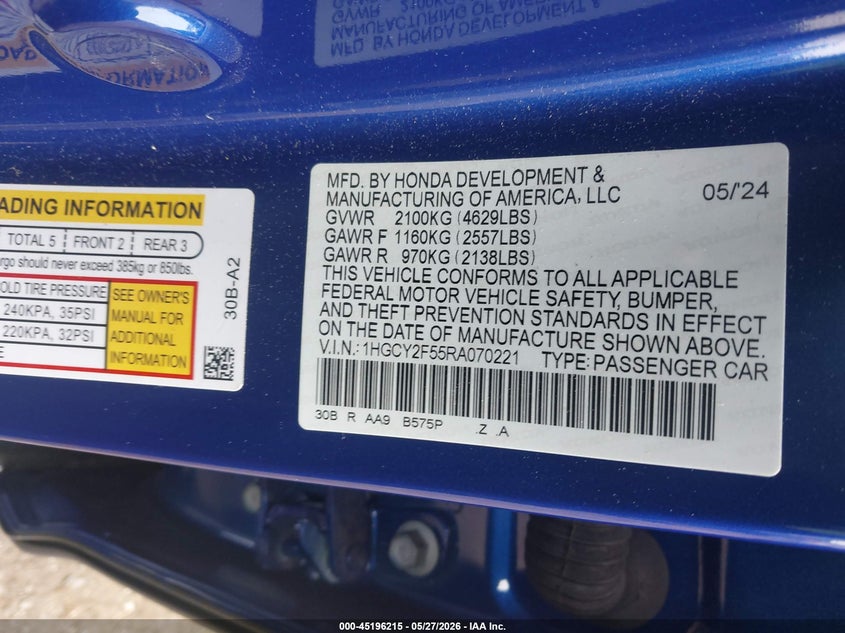 2024 Honda Accord VIN 1HGCY2F55RA070221 IAAI salvage auction — SIDE, Salvage Title, sold $7,000 on 2026-08-22 (photo 9)