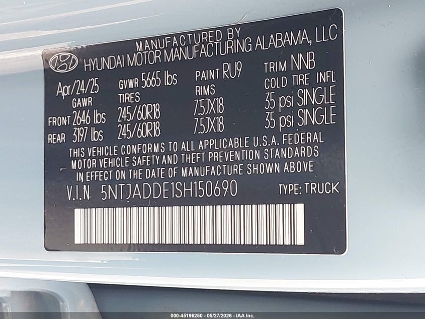 2025 Hyundai Santa cruz VIN 5NTJADDE1SH150690 IAAI salvage auction — REAR END, Salvage Title, sold $11,600 on 2026-07-16 (photo 9)