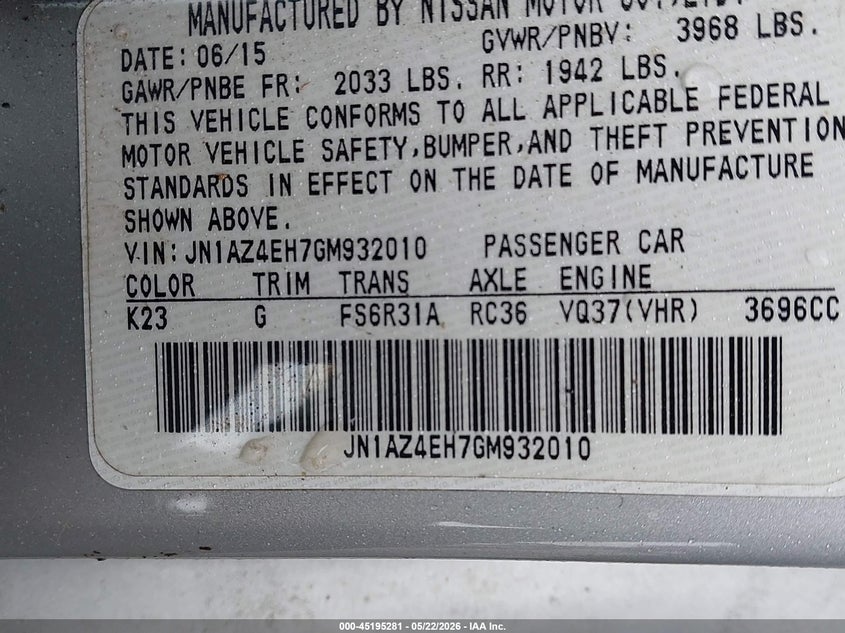 2016 Nissan 370z VIN JN1AZ4EH7GM932010 IAAI salvage auction — REAR END, Salvage (North Carolina), sold $3,550 on 2026-07-16 (photo 9)