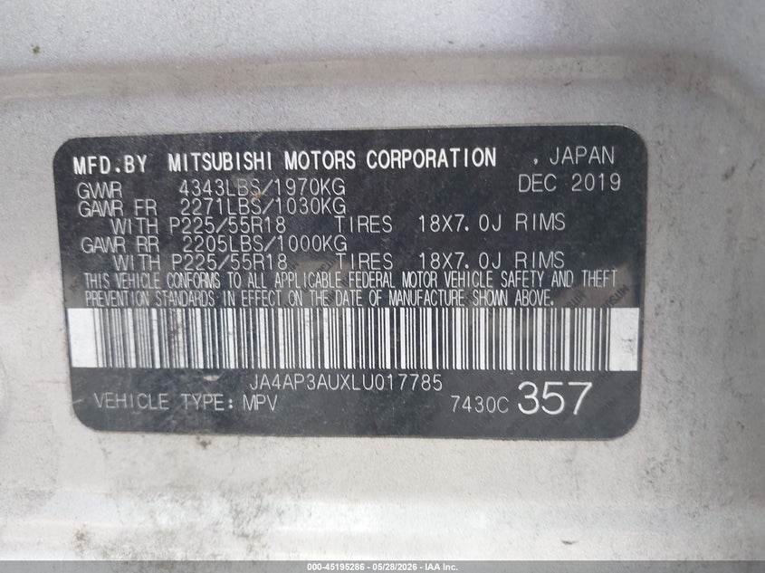 2020 Mitsubishi Outlander VIN JA4AP3AUXLU017785 IAAI salvage auction — LEFT SIDE, Salvage Title, sold $3,100 on 2026-07-29 (photo 9)