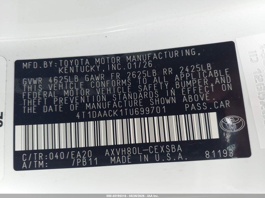 2026 Toyota Camry VIN 4T1DAACK1TU699701 IAAI salvage auction — FRONT END, Salvage (California), sold $11,300 on 2026-07-25 (photo 9)