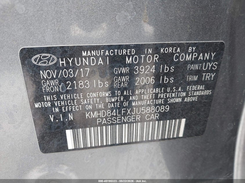 2018 Hyundai Elantra VIN KMHD84LFXJU588089 IAAI salvage auction — REAR END, Salvage (California), sold $3,100 on 2026-07-22 (photo 9)