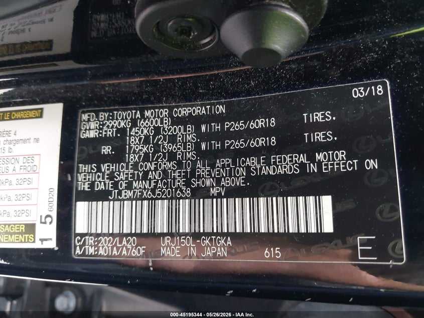 2018 Lexus Gx VIN JTJBM7FX6J5201638 IAAI salvage auction — FRONT END, Salvage (Texas), sold $18,000 on 2026-07-16 (photo 9)