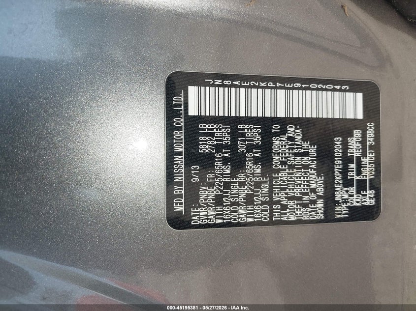 2014 Nissan Quest VIN JN8AE2KP7E9102043 IAAI salvage auction — NORMAL WEAR, Salvage Title, sold $500 on 2026-07-29 (photo 9)