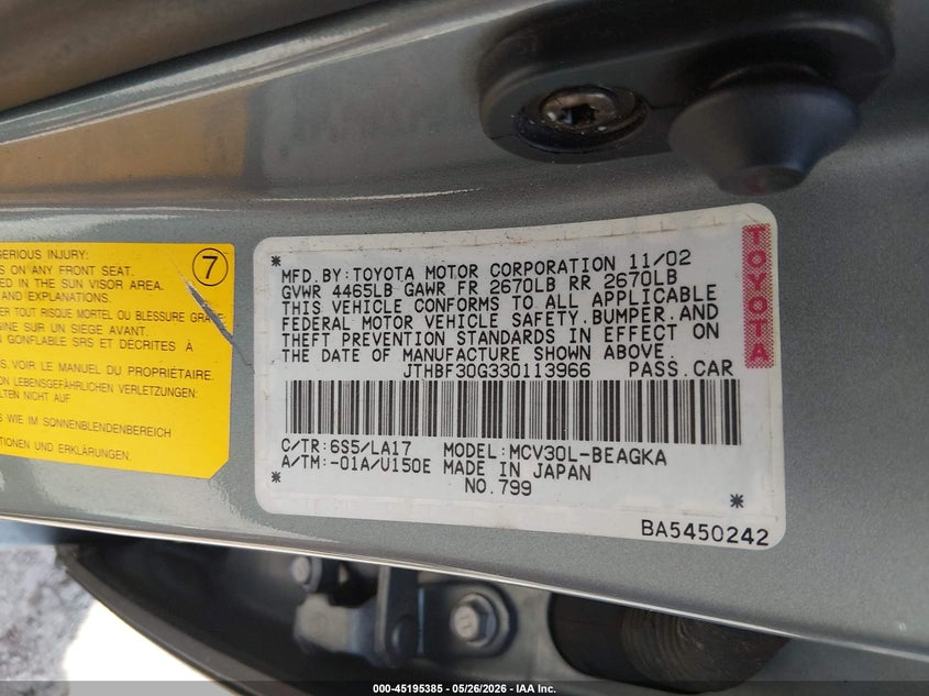 2003 Lexus Es 300 VIN JTHBF30G330113966 IAAI salvage auction — FRONT END, Salvage (South Carolina), sold $300 on 2026-07-07 (photo 9)