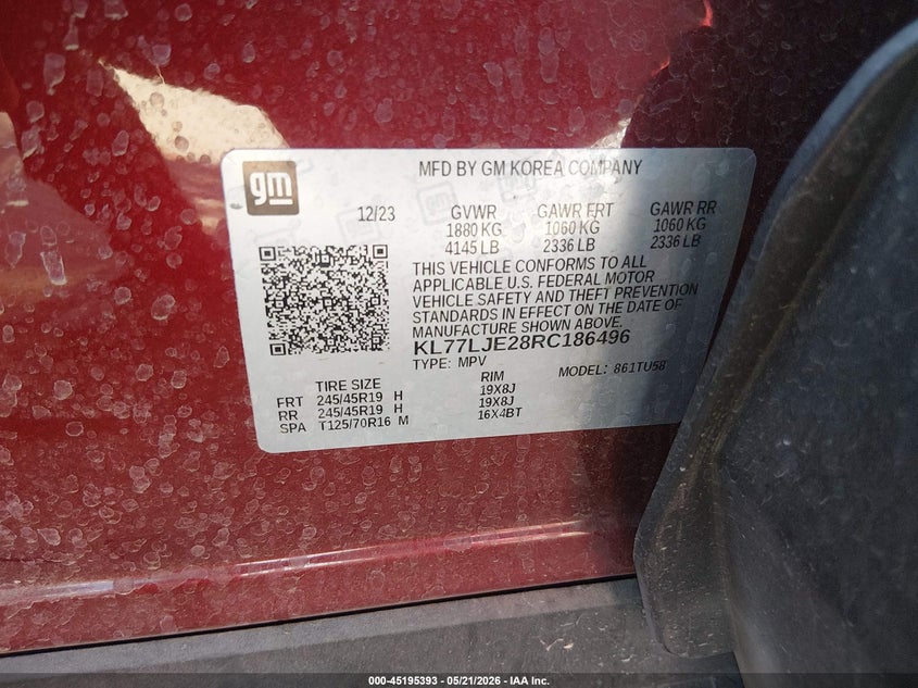 2024 Chevrolet Trax VIN KL77LJE28RC186496 IAAI salvage auction — LEFT SIDE, Salvage (Arizona), sold $2,900 on 2026-07-23 (photo 9)