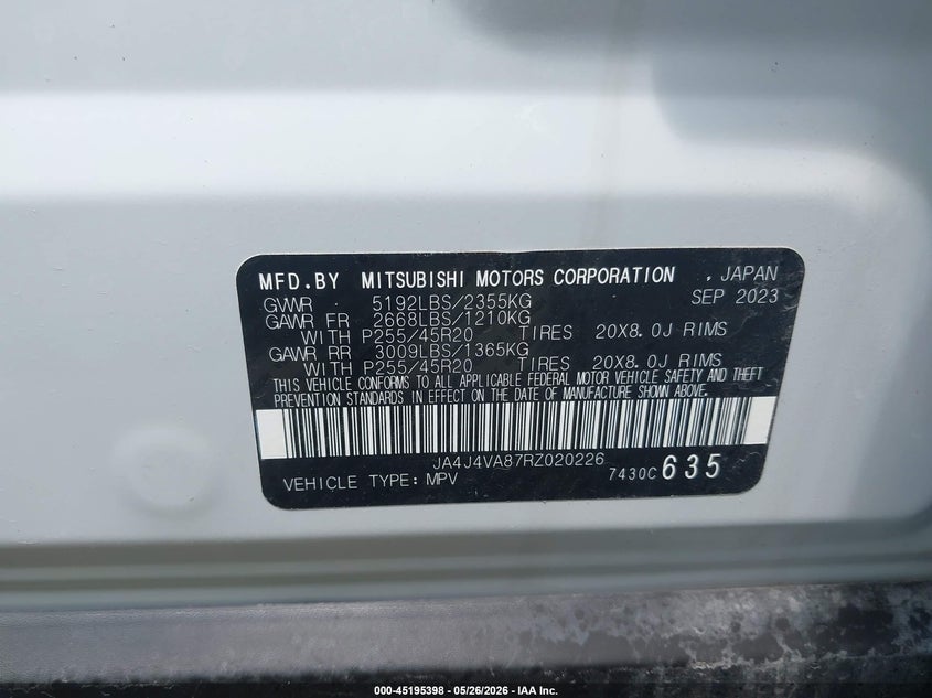 2024 Mitsubishi Outlander VIN JA4J4VA87RZ020226 IAAI salvage auction — FRONT END, Salvage Title, sold $9,400 on 2026-07-30 (photo 9)