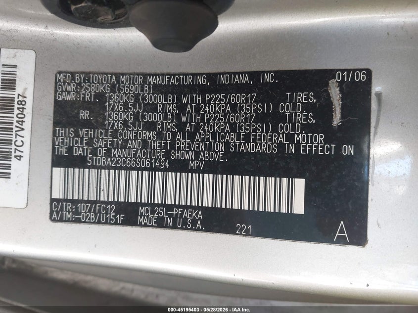 2006 Toyota Sienna VIN 5TDBA23C66S061494 IAAI salvage auction — NORMAL WEAR, Clear (New York), sold $775 on 2026-07-14 (photo 9)