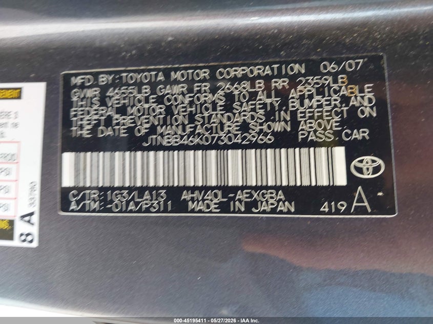 2007 Toyota Camry VIN JTNBB46K073042966 IAAI salvage auction — HAIL, Clear (Missouri), sold $550 on 2026-07-20 (photo 9)