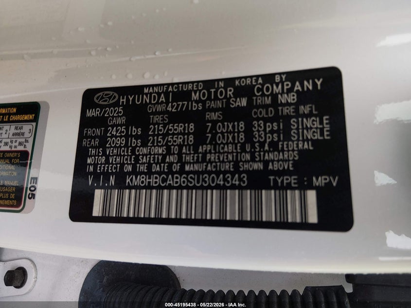 2025 Hyundai Kona VIN KM8HBCAB6SU304343 IAAI salvage auction — FRONT END, Salvage (North Carolina), sold $5,800 on 2026-07-26 (photo 9)
