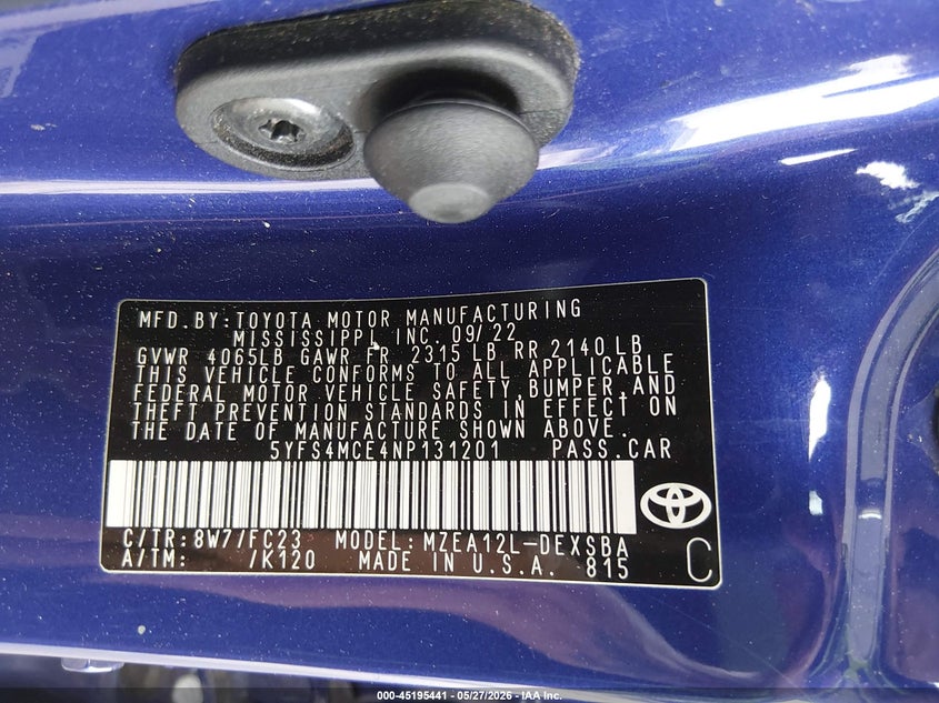 2022 Toyota Corolla VIN 5YFS4MCE4NP131201 IAAI salvage auction — ALL OVER, Salvage Title, sold $4,000 on 2026-07-16 (photo 9)