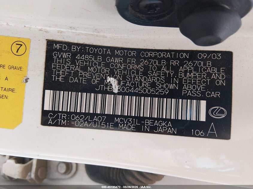 2004 Lexus ES VIN JTHBA30G445005259 IAAI salvage auction — RIGHT FRONT, Clear (Montana), sold $625 on 2026-07-08 (photo 9)