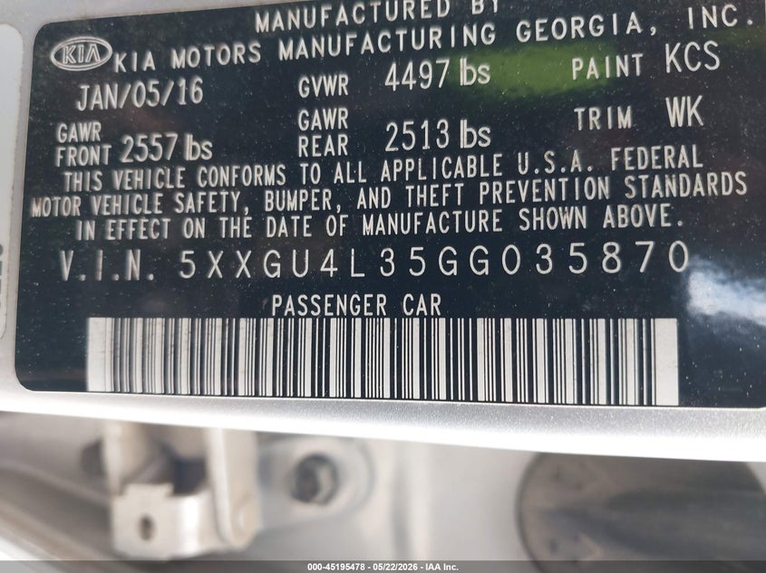 2016 Kia Optima VIN 5XXGU4L35GG035870 IAAI salvage auction — FRONT END, Clear (Arkansas), sold $25 on 2026-07-30 (photo 9)