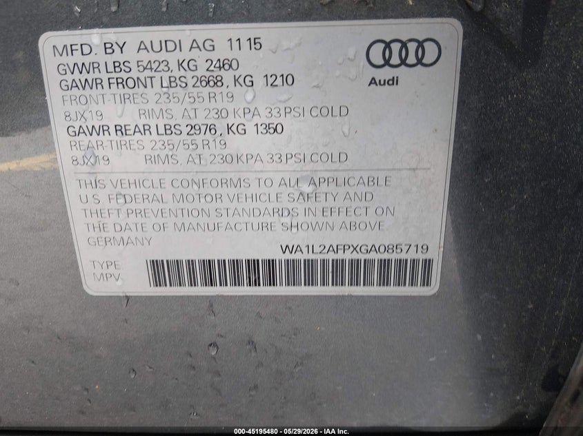 2016 Audi Q5 VIN WA1L2AFPXGA085719 IAAI salvage auction — FRONT END, Salvage Title, sold $525 on 2026-07-08 (photo 9)