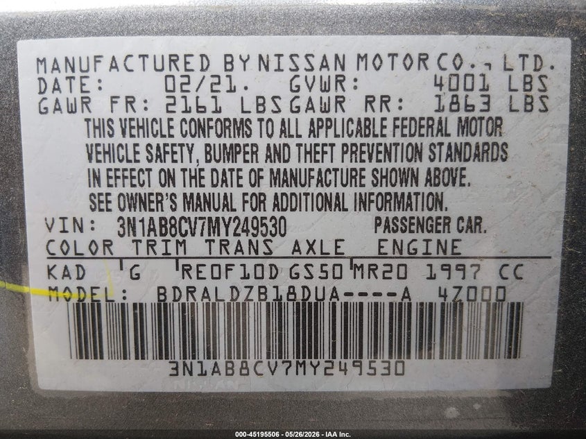 2021 Nissan Sentra VIN 3N1AB8CV7MY249530 IAAI salvage auction — REAR END, Salvage Title, sold $1,750 on 2026-07-30 (photo 9)