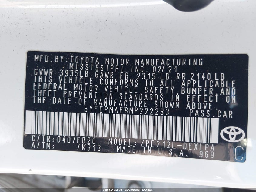 2021 Toyota Corolla VIN 5YFEPMAE8MP222283 IAAI salvage auction — SIDE, Wait Title, sold $3,850 on 2026-07-31 (photo 9)