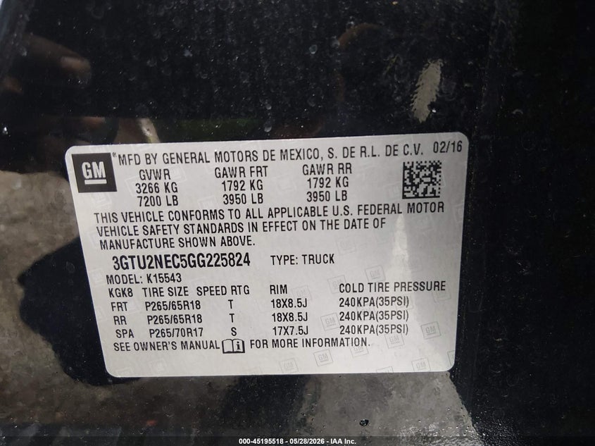 2016 Gmc SIERRA VIN 3GTU2NEC5GG225824 IAAI salvage auction — FRONT END, Salvage (Georgia), sold $7,400 on 2026-08-01 (photo 9)