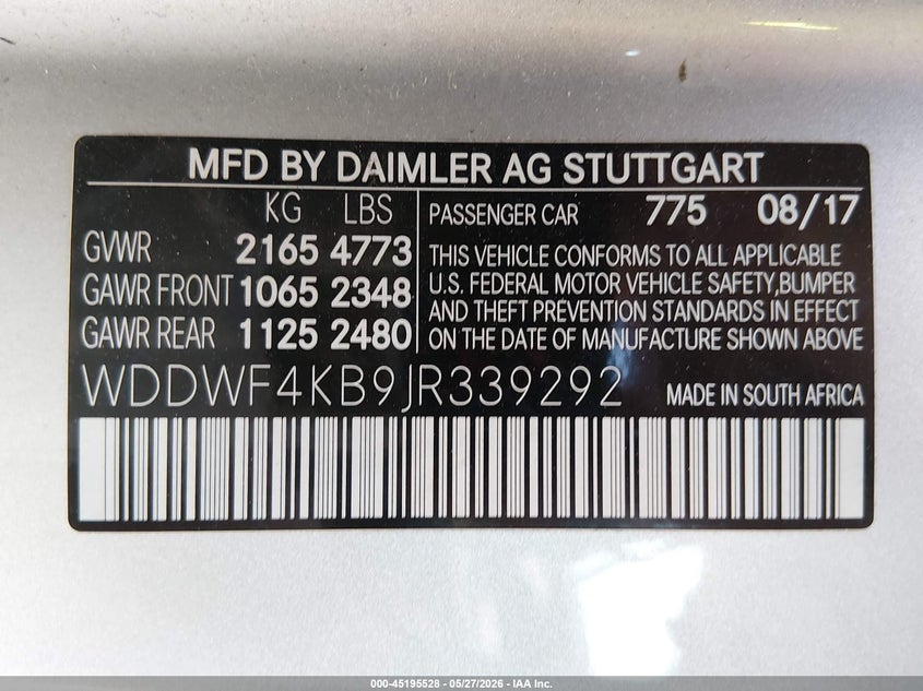 2018 Mercedes-benz C-klasse VIN WDDWF4KB9JR339292 IAAI salvage auction — FRONT END, Clear (Missouri), sold $6,200 on 2026-08-12 (photo 9)