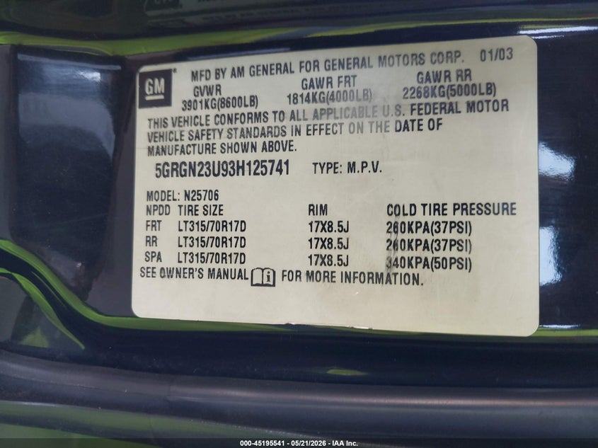 2003 Hummer H2 VIN 5GRGN23U93H125741 IAAI salvage auction — THEFT, Salvage (California), sold $1,225 on 2026-07-29 (photo 9)