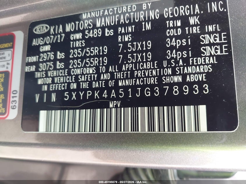 2018 Kia Sorento VIN 5XYPK4A51JG378933 IAAI salvage auction — REAR END, Salvage Title, sold $2,550 on 2026-07-20 (photo 9)